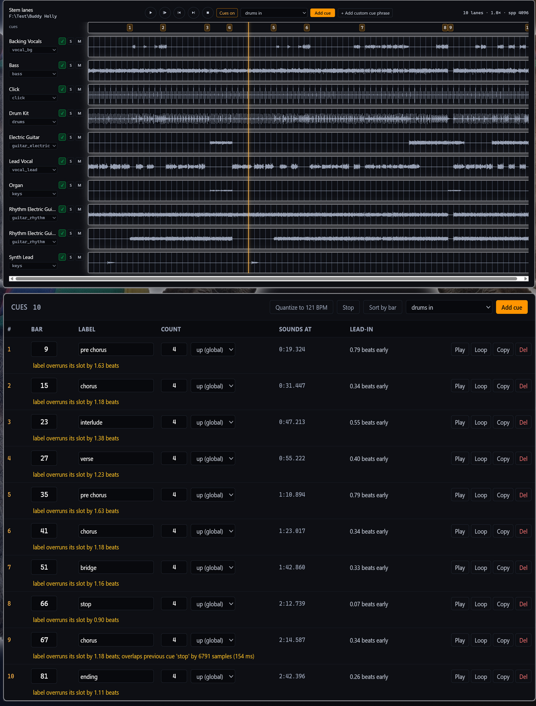 Say When cue builder with chips, stems, and the cues table