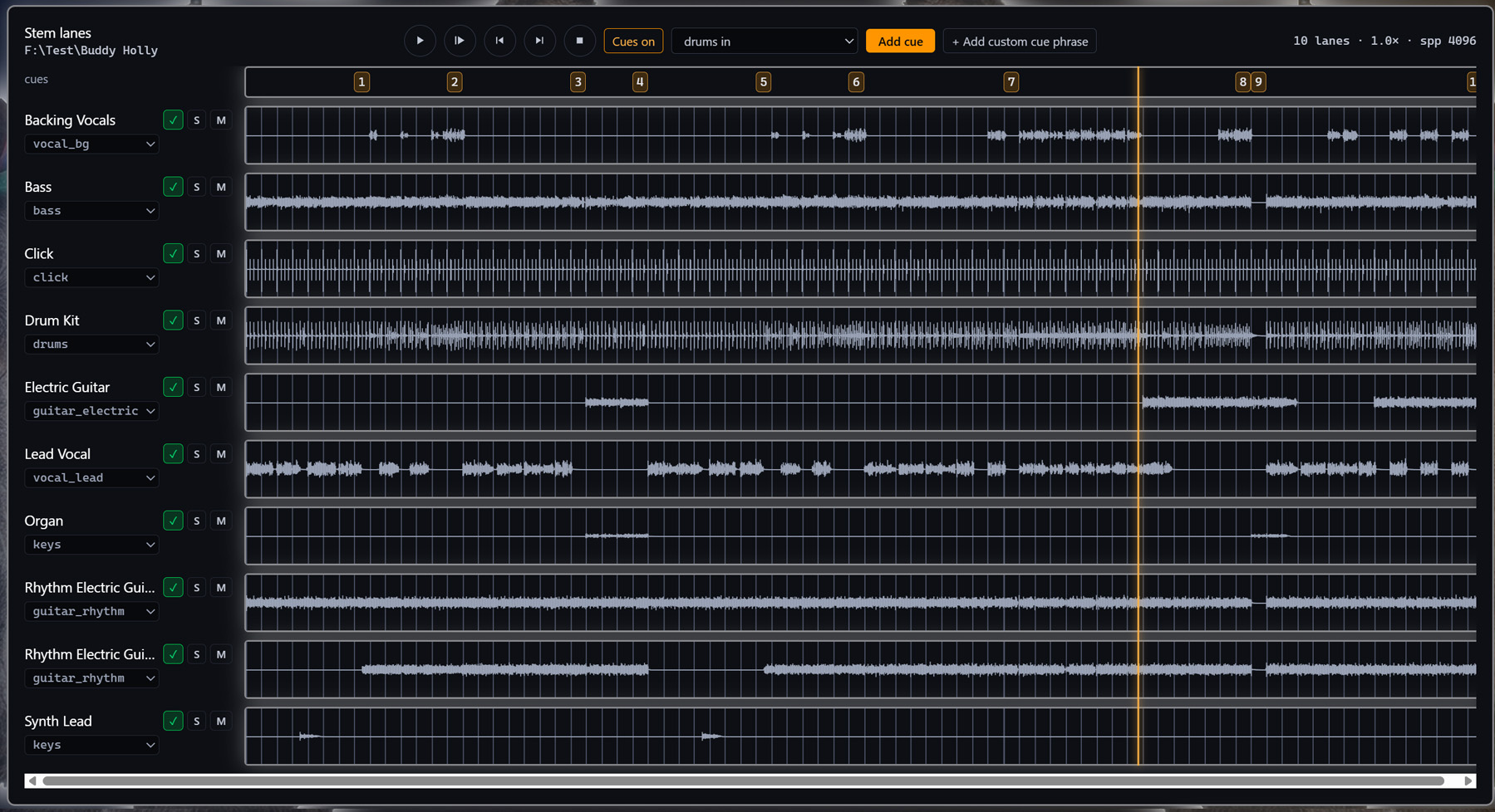 Stem lane waveforms for drums, bass, guitars, keys, vocals, and click