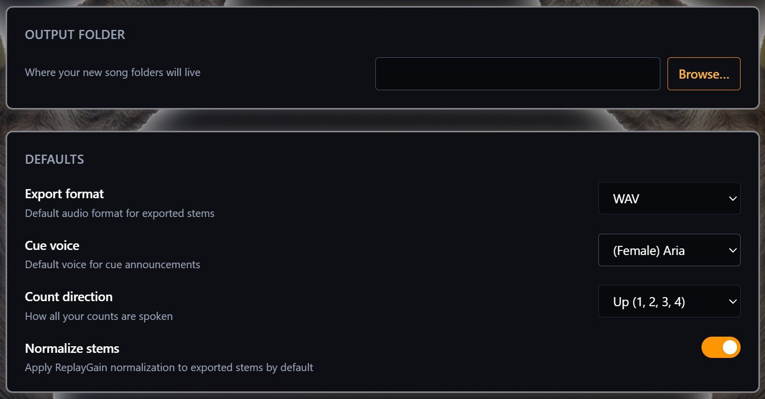 Setup screen with output folder, export format, cue voice, and count direction